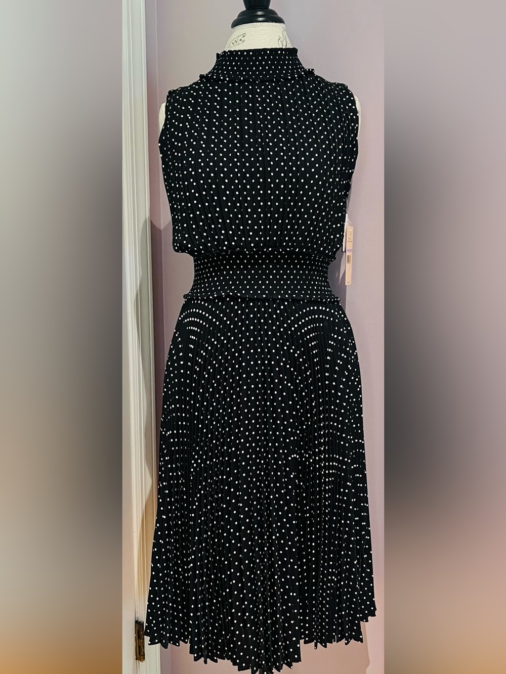 Nanette Lepore Polka Dot Smocked Waist Black Midi Dress
